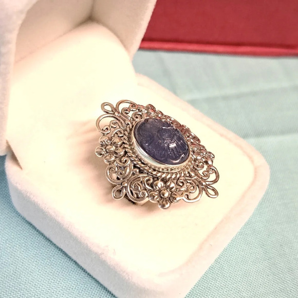 Tanzanite Natural Hand Carved Floral Ring In 925 Sterling Silver. - Picture 7 of 9